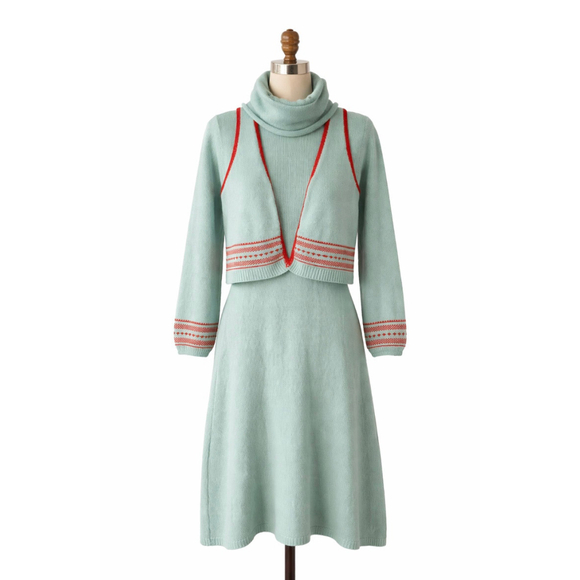 RARE VTG 70s Heritage Knit Wool Midi Sweater Dress With Vest Nordic Cottagecore
